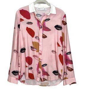 Alice McCall Shirt Womens Small Pink Lips Print White Collar Long Sleeve Button